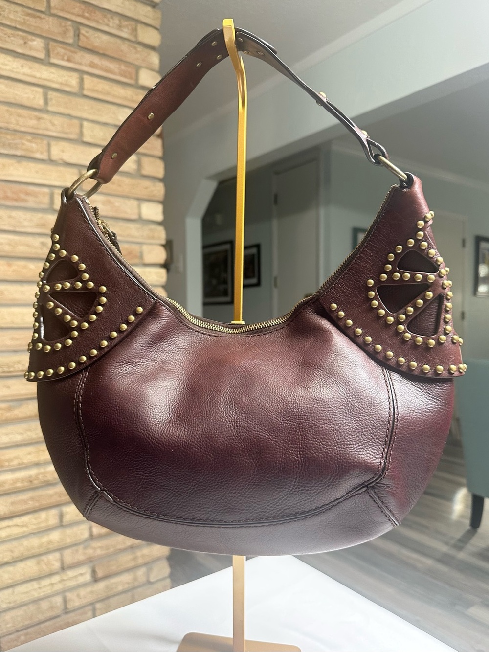 Michael Kors Dark Brown Leather Studded Hobo Shoulder Bag
